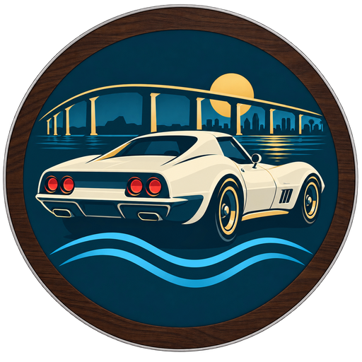 Hangtime: Corvette, bridge, sun and blue sound waves